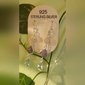 Sterling Silver New Dangle Earrings Rough Tanzanite /  Topaz / Quartz